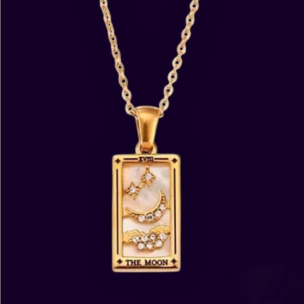 The Moon Tarot Card Pendant Necklace 18K Gold Enamel Rectangle Stainless…